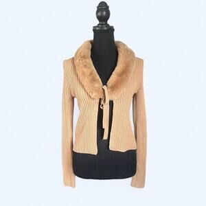 brown ribbed knit faux fur collar tie front cardigan size medium🤎